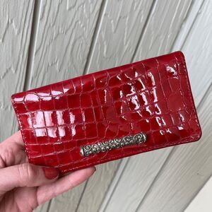 Brighton Crocodile Embossed Burgundy Red Leather Billfold Wallet